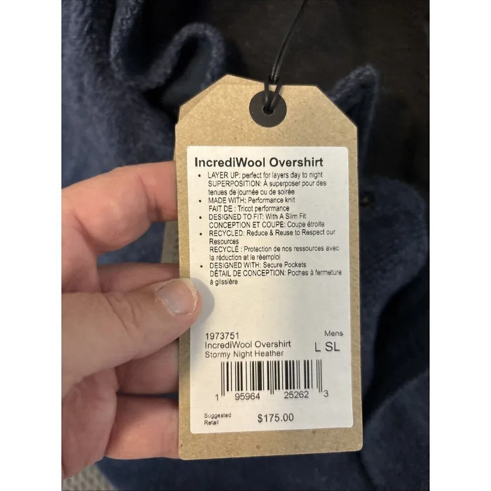 prAna IncrediWool Overshirt Men's XL Stormy Night Heather Slim NWT MSRP $175